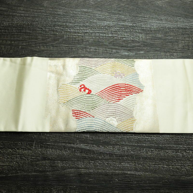 名古屋帯 太鼓柄 良品 正絹 流水・波柄 名古屋仕立て なごや帯 リサイクル帯 帯 引箔 金糸 クリーム_画像14