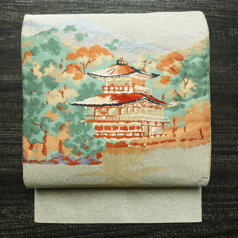 名古屋帯 太鼓柄 良品 正絹 風景柄 名古屋仕立て なごや帯 リサイクル帯 帯 刺繍 金糸 銀糸 金・銀_画像1