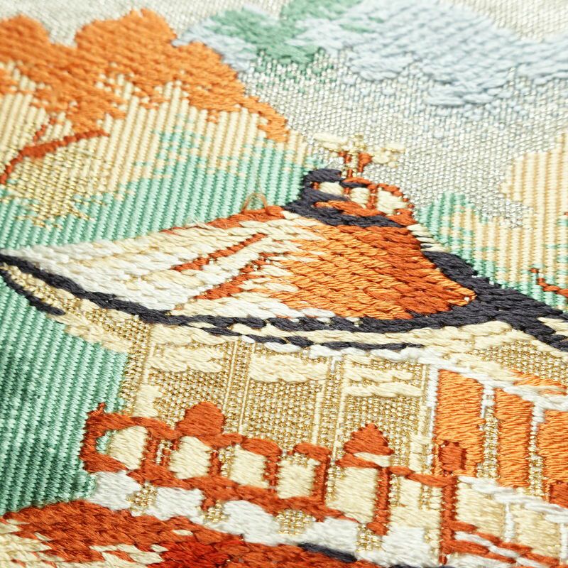名古屋帯 太鼓柄 良品 正絹 風景柄 名古屋仕立て なごや帯 リサイクル帯 帯 刺繍 金糸 銀糸 金・銀_画像3