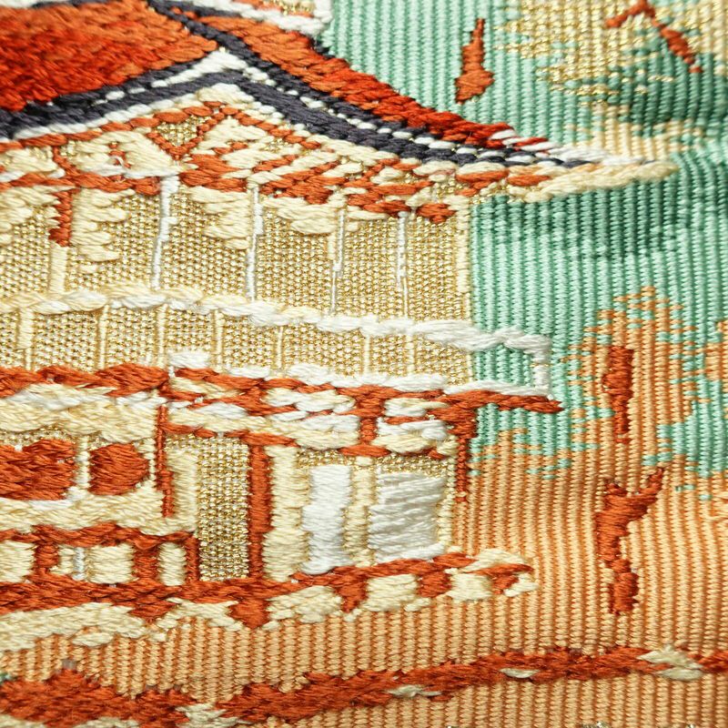 名古屋帯 太鼓柄 良品 正絹 風景柄 名古屋仕立て なごや帯 リサイクル帯 帯 刺繍 金糸 銀糸 金・銀_画像4