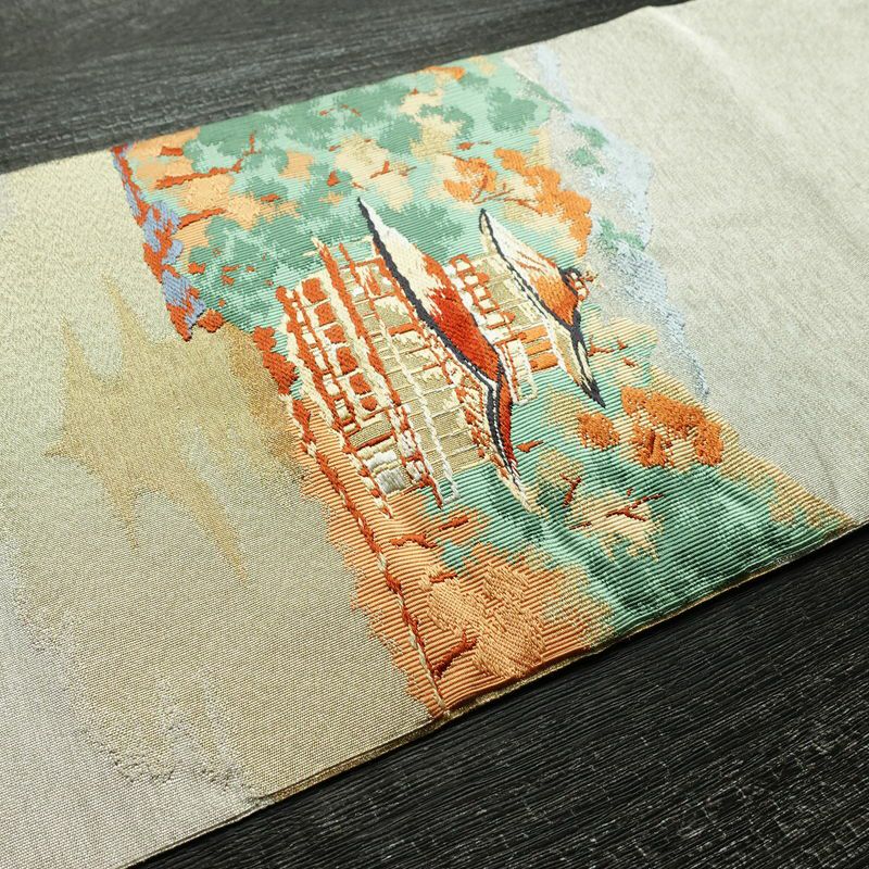名古屋帯 太鼓柄 良品 正絹 風景柄 名古屋仕立て なごや帯 リサイクル帯 帯 刺繍 金糸 銀糸 金・銀_画像11