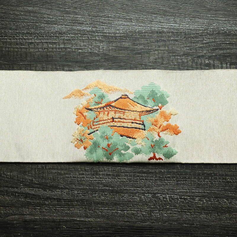 名古屋帯 太鼓柄 良品 正絹 風景柄 名古屋仕立て なごや帯 リサイクル帯 帯 刺繍 金糸 銀糸 金・銀_画像13
