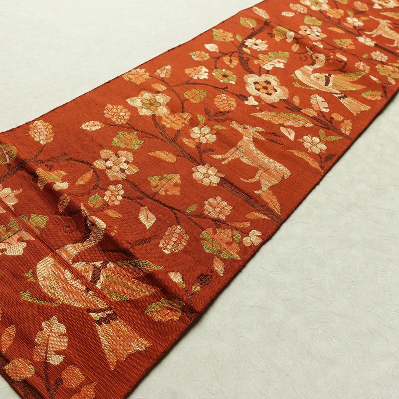 名古屋帯 六通柄 良品 正絹 人物・動物柄 松葉仕立て なごや帯 リサイクル帯 帯 紬地 橙_画像8