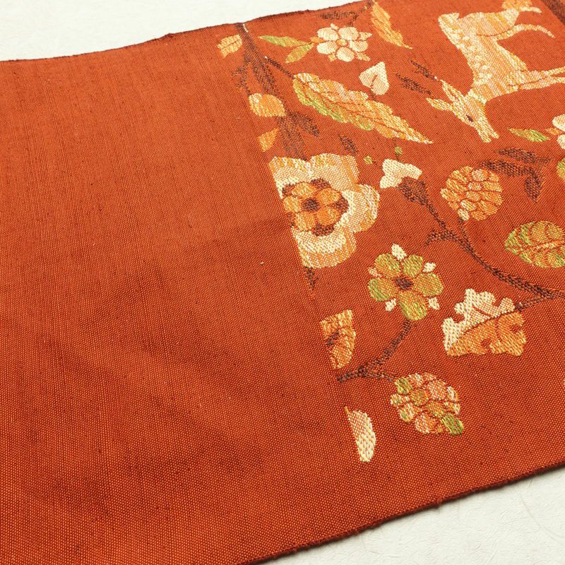 名古屋帯 六通柄 良品 正絹 人物・動物柄 松葉仕立て なごや帯 リサイクル帯 帯 紬地 橙_画像16