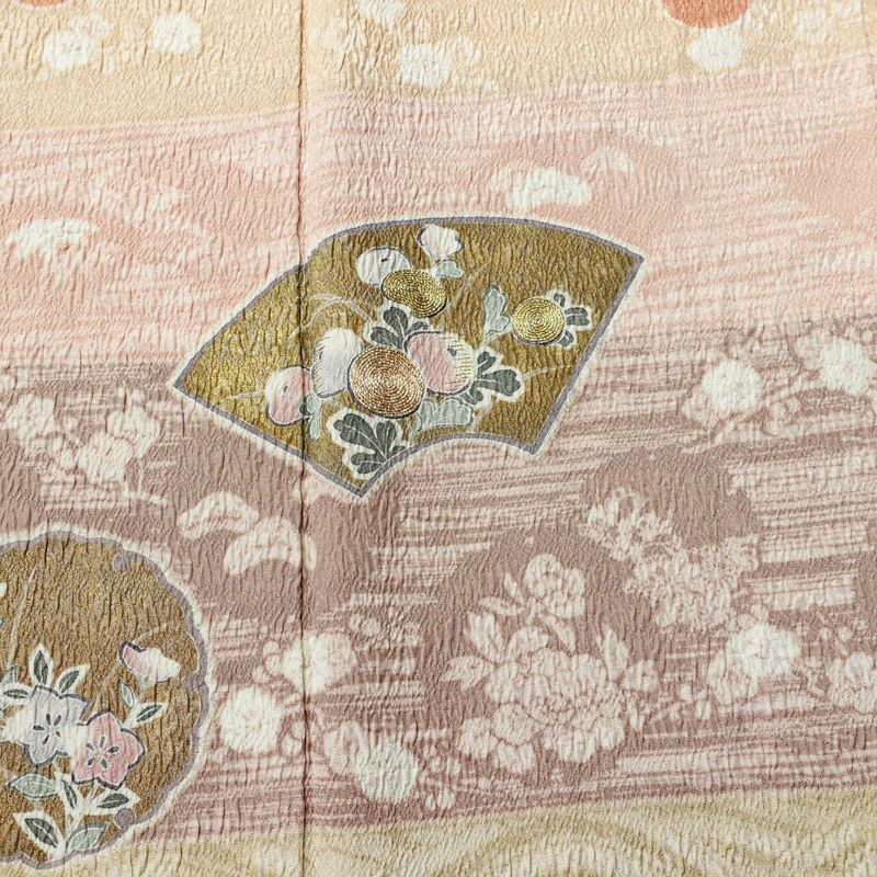 付け下げ 良品 落款入り 絞り ふくれ織 トールサイズ 正絹 古典柄 袷仕立て 身丈171cm 裄丈67.5cm リサイクル着物 着物 箔 金糸 入学式 卒業式 七五三 お宮参り フォーマル 粋 東雲色 扇面 橙_画像6