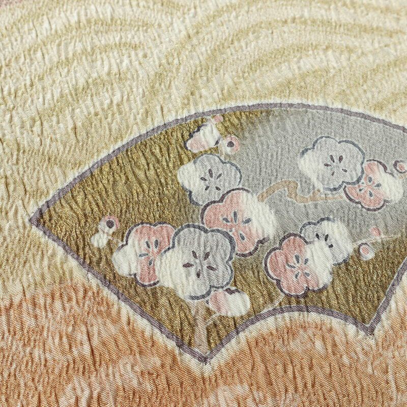 付け下げ 良品 落款入り 絞り ふくれ織 トールサイズ 正絹 古典柄 袷仕立て 身丈171cm 裄丈67.5cm リサイクル着物 着物 箔 金糸 入学式 卒業式 七五三 お宮参り フォーマル 粋 東雲色 扇面 橙_画像9