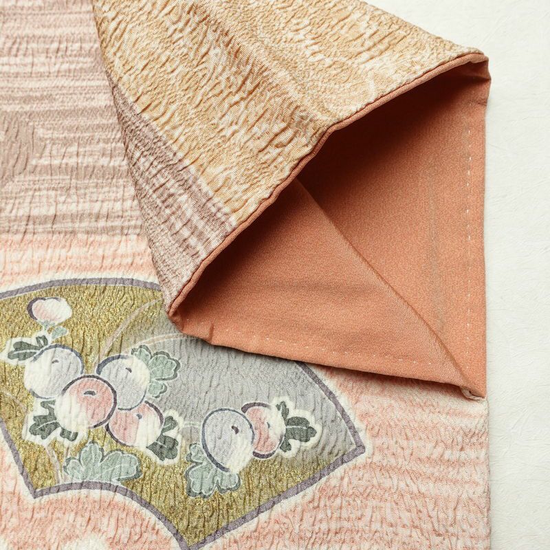 付け下げ 良品 落款入り 絞り ふくれ織 トールサイズ 正絹 古典柄 袷仕立て 身丈171cm 裄丈67.5cm リサイクル着物 着物 箔 金糸 入学式 卒業式 七五三 お宮参り フォーマル 粋 東雲色 扇面 橙_画像16