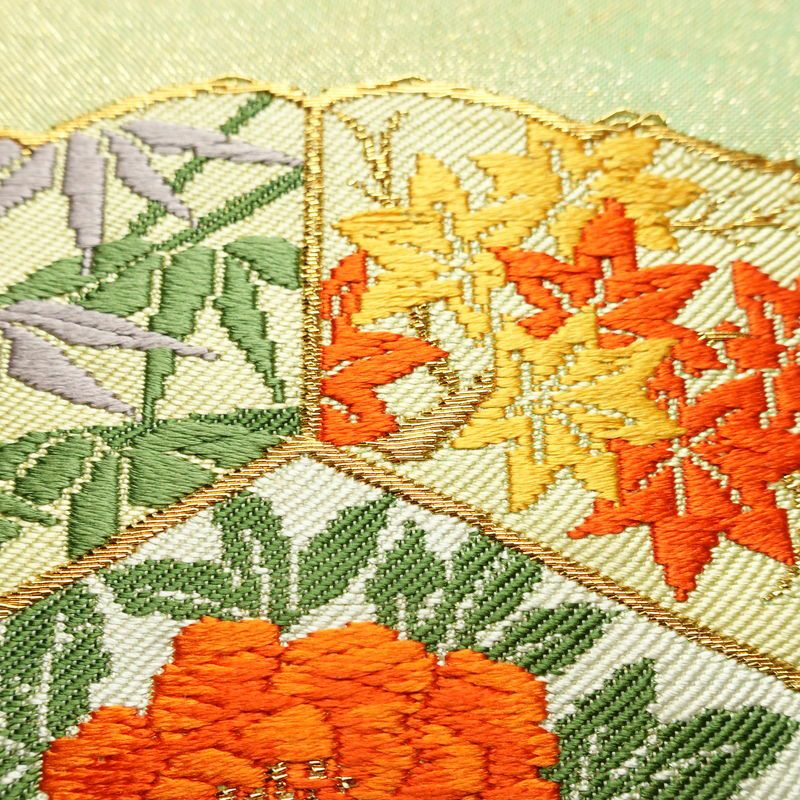 名古屋帯 太鼓柄 正絹 花柄 名古屋仕立て なごや帯 リサイクル帯 帯 刺繍 金糸 紅葉 菖蒲 白_画像5