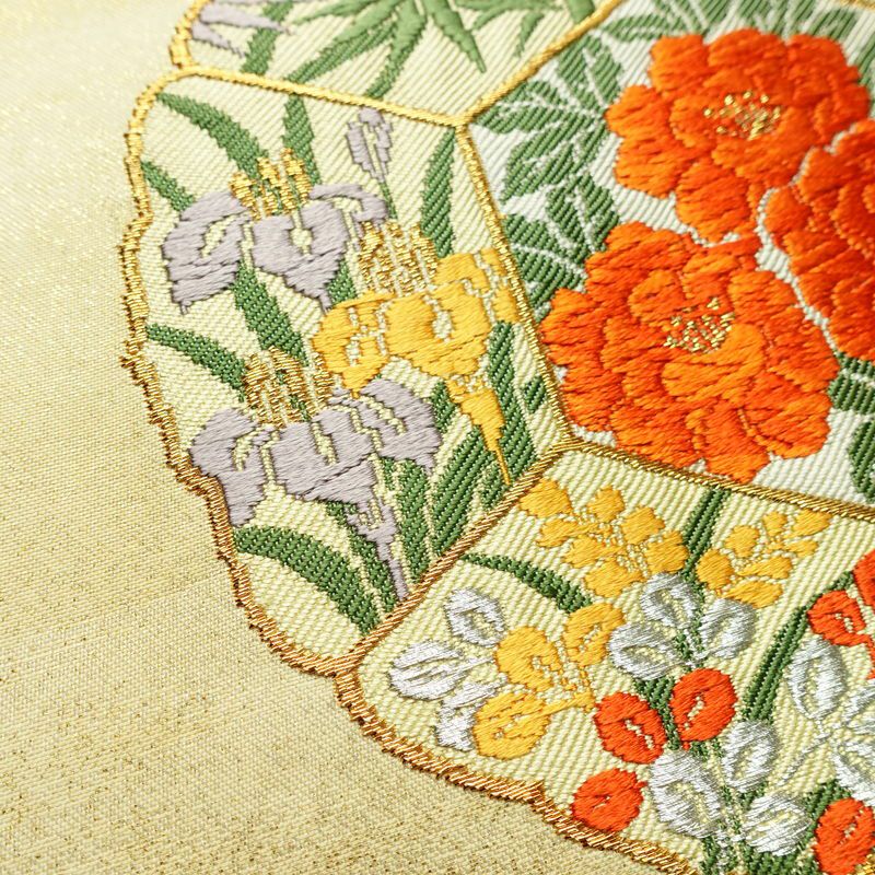名古屋帯 太鼓柄 正絹 花柄 名古屋仕立て なごや帯 リサイクル帯 帯 刺繍 金糸 紅葉 菖蒲 白_画像6