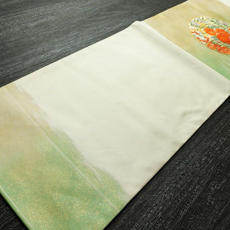 名古屋帯 太鼓柄 正絹 花柄 名古屋仕立て なごや帯 リサイクル帯 帯 刺繍 金糸 紅葉 菖蒲 白_画像8