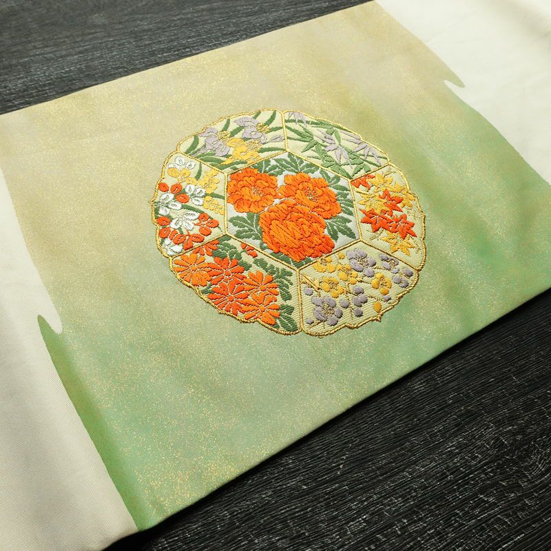 名古屋帯 太鼓柄 正絹 花柄 名古屋仕立て なごや帯 リサイクル帯 帯 刺繍 金糸 紅葉 菖蒲 白_画像11