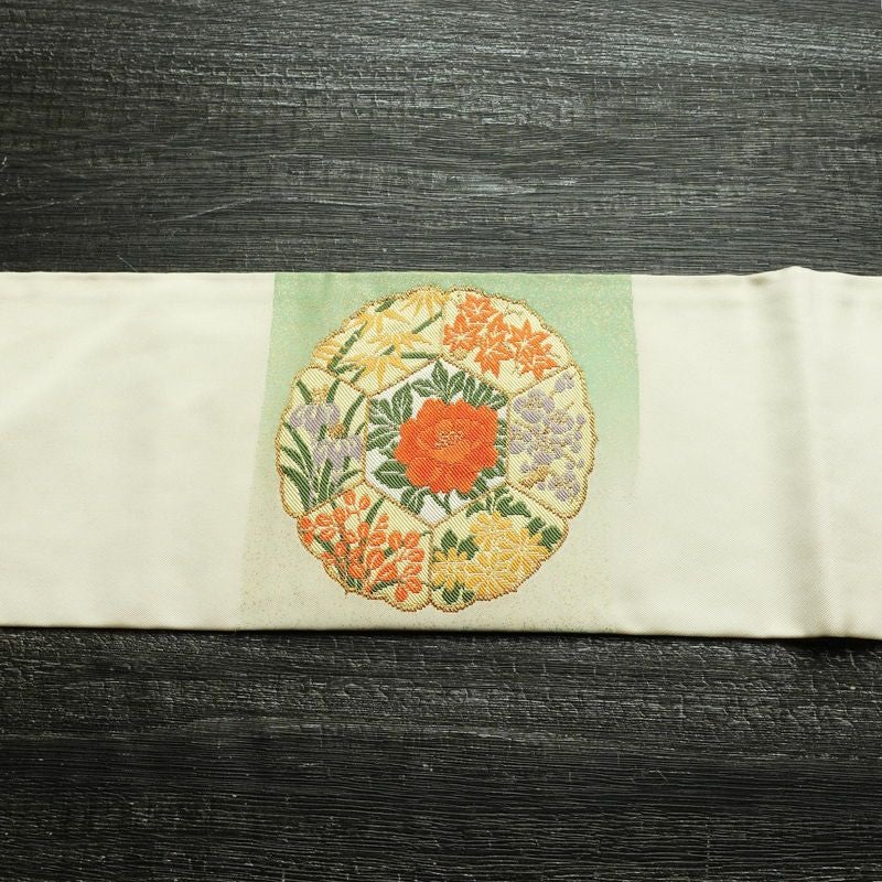名古屋帯 太鼓柄 正絹 花柄 名古屋仕立て なごや帯 リサイクル帯 帯 刺繍 金糸 紅葉 菖蒲 白_画像13