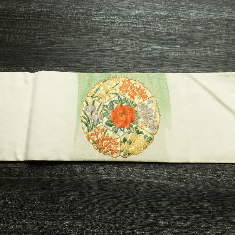 名古屋帯 太鼓柄 正絹 花柄 名古屋仕立て なごや帯 リサイクル帯 帯 刺繍 金糸 紅葉 菖蒲 白_画像14