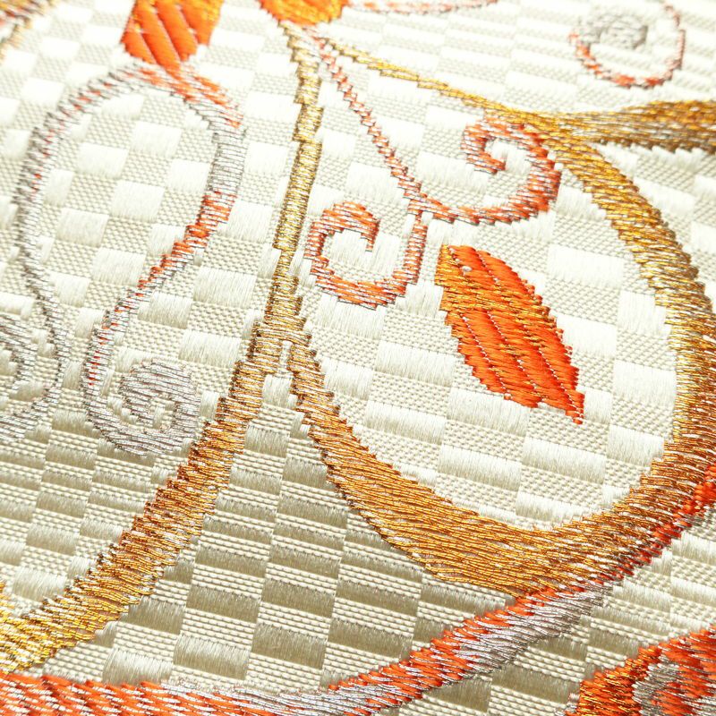 名古屋帯 六通柄 良品 正絹 幾何学柄・抽象柄 名古屋仕立て なごや帯 リサイクル帯 帯 クリーム_画像3