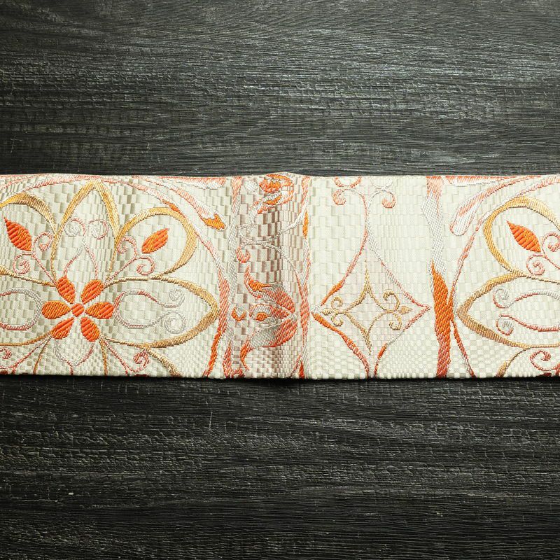 名古屋帯 六通柄 良品 正絹 幾何学柄・抽象柄 名古屋仕立て なごや帯 リサイクル帯 帯 クリーム_画像14