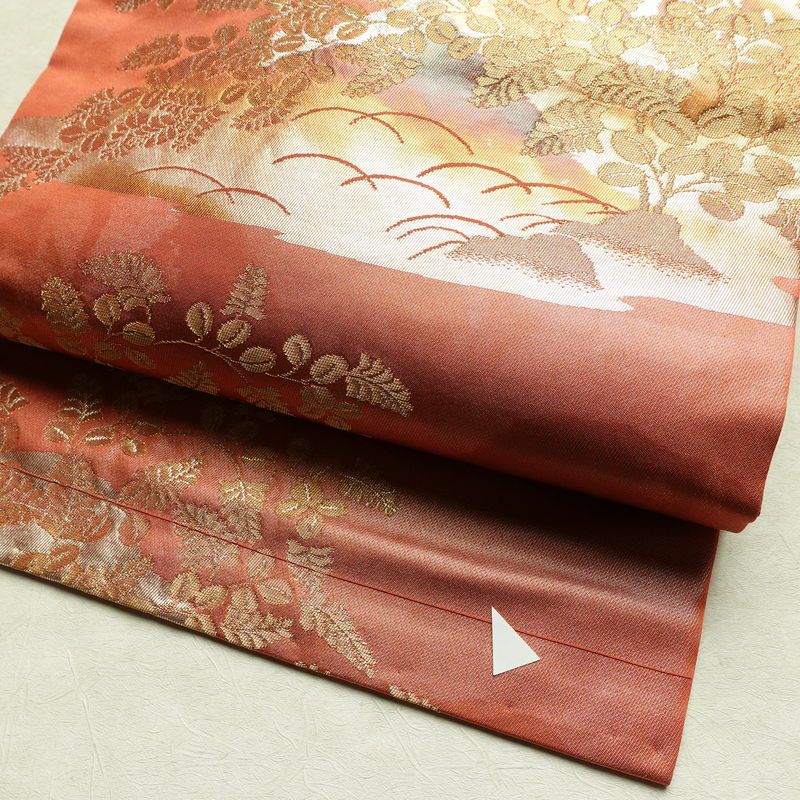 名古屋帯 六通柄 正絹 木の葉・植物柄 名古屋仕立て なごや帯 リサイクル帯 帯 箔 赤・朱_画像7