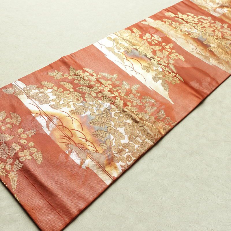 名古屋帯 六通柄 正絹 木の葉・植物柄 名古屋仕立て なごや帯 リサイクル帯 帯 箔 赤・朱_画像9