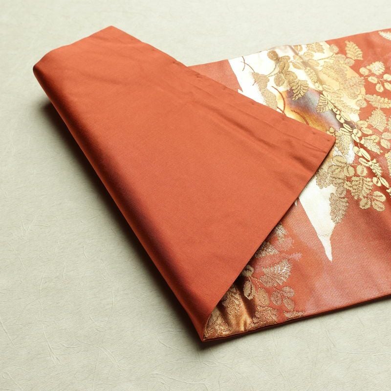 名古屋帯 六通柄 正絹 木の葉・植物柄 名古屋仕立て なごや帯 リサイクル帯 帯 箔 赤・朱_画像10