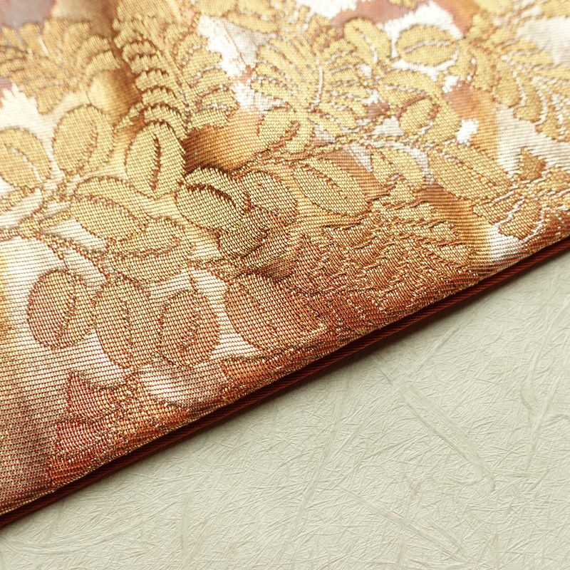 名古屋帯 六通柄 正絹 木の葉・植物柄 名古屋仕立て なごや帯 リサイクル帯 帯 箔 赤・朱_画像13