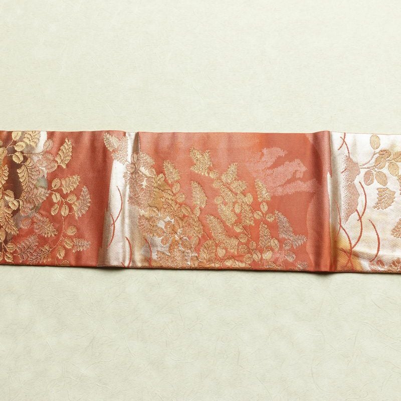 名古屋帯 六通柄 正絹 木の葉・植物柄 名古屋仕立て なごや帯 リサイクル帯 帯 箔 赤・朱_画像14