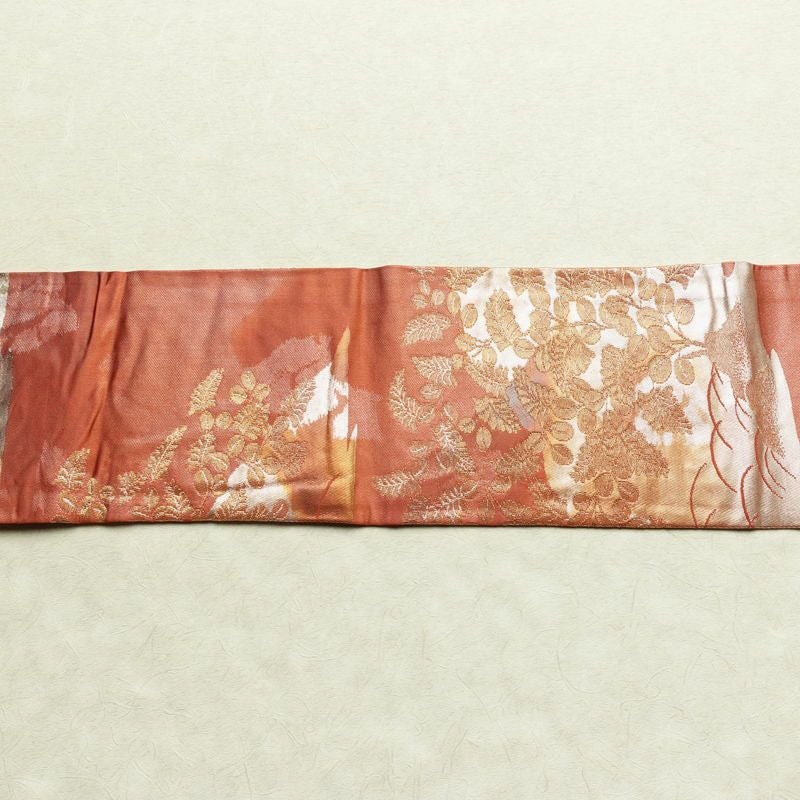 名古屋帯 六通柄 正絹 木の葉・植物柄 名古屋仕立て なごや帯 リサイクル帯 帯 箔 赤・朱_画像15