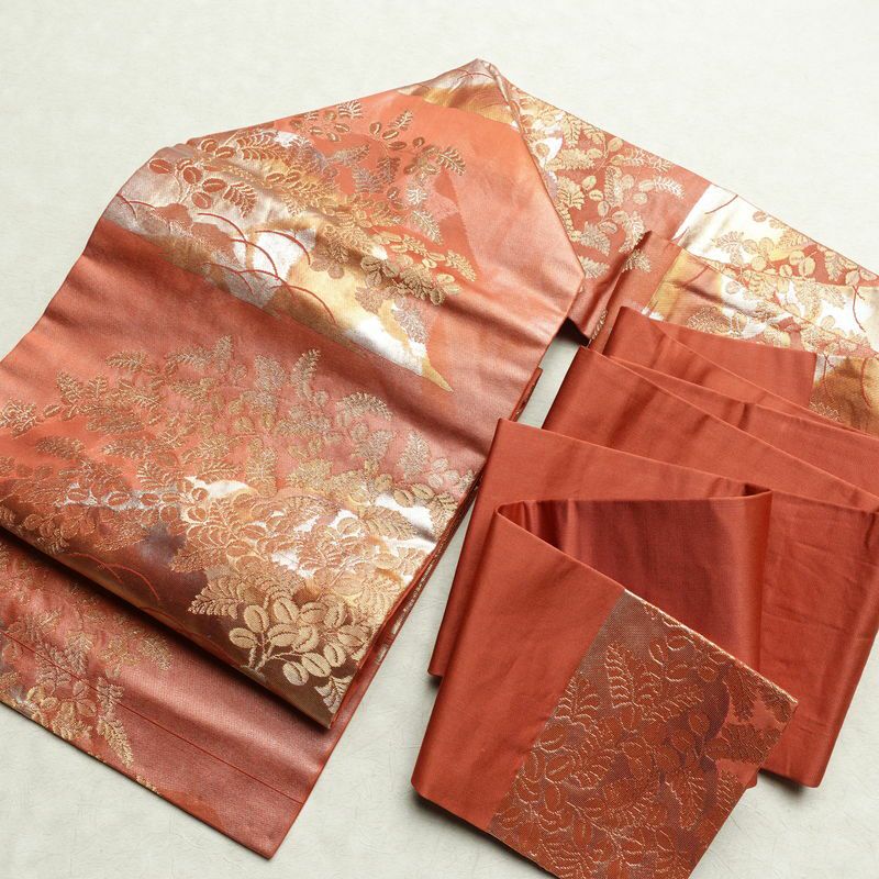 名古屋帯 六通柄 正絹 木の葉・植物柄 名古屋仕立て なごや帯 リサイクル帯 帯 箔 赤・朱_画像17