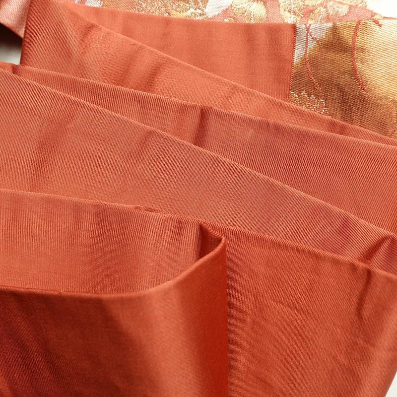 名古屋帯 六通柄 正絹 木の葉・植物柄 名古屋仕立て なごや帯 リサイクル帯 帯 箔 赤・朱_画像18