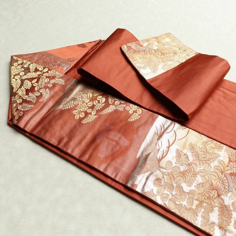 名古屋帯 六通柄 正絹 木の葉・植物柄 名古屋仕立て なごや帯 リサイクル帯 帯 箔 赤・朱_画像21