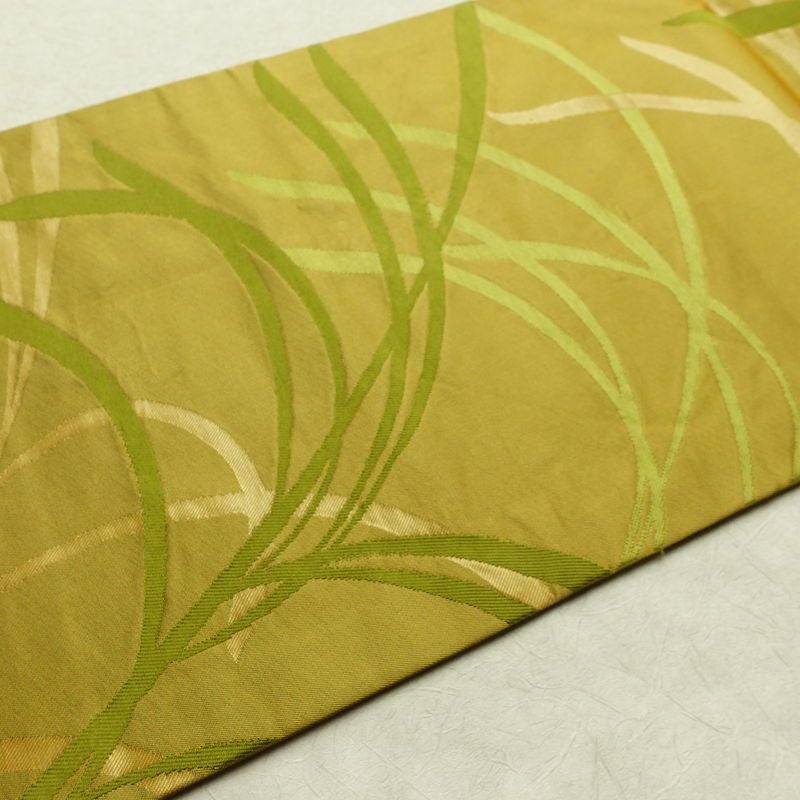 名古屋帯 六通柄 正絹 木の葉・植物柄 名古屋仕立て なごや帯 リサイクル帯 帯 黄・黄土色_画像11