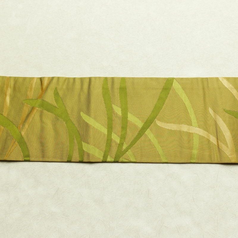 名古屋帯 六通柄 正絹 木の葉・植物柄 名古屋仕立て なごや帯 リサイクル帯 帯 黄・黄土色_画像12