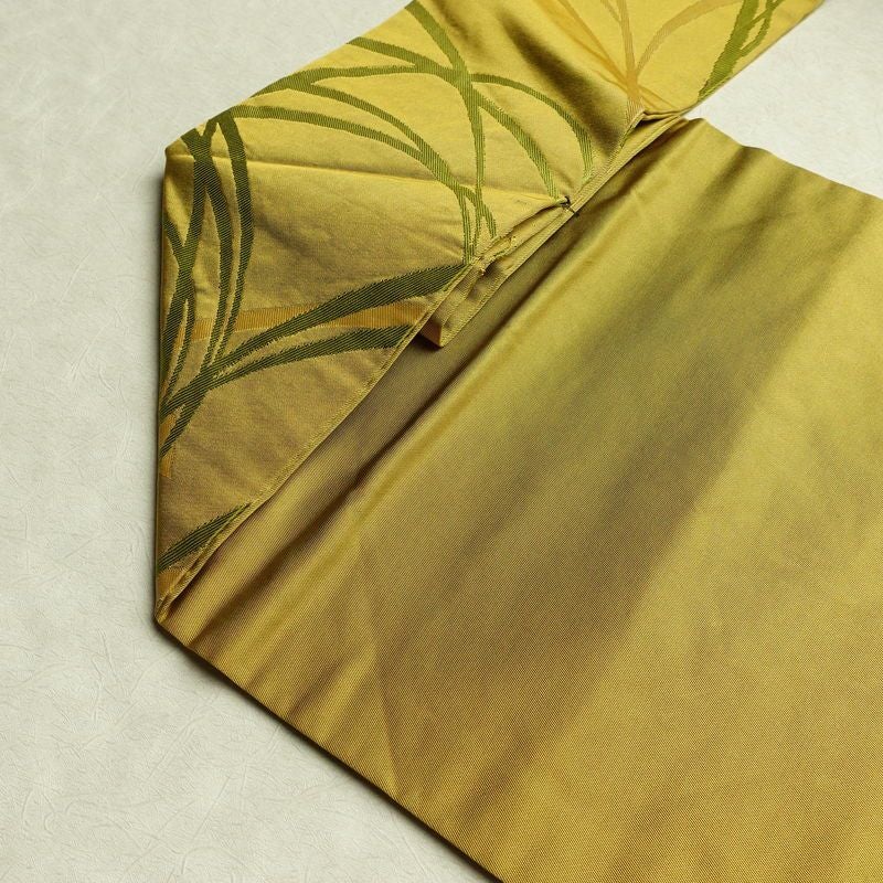 名古屋帯 六通柄 正絹 木の葉・植物柄 名古屋仕立て なごや帯 リサイクル帯 帯 黄・黄土色_画像19