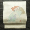 名古屋帯 太鼓柄 良品 落款入り 正絹 古典柄 名古屋仕立て なごや帯 リサイクル帯 帯 銀糸 扇面 白_画像1