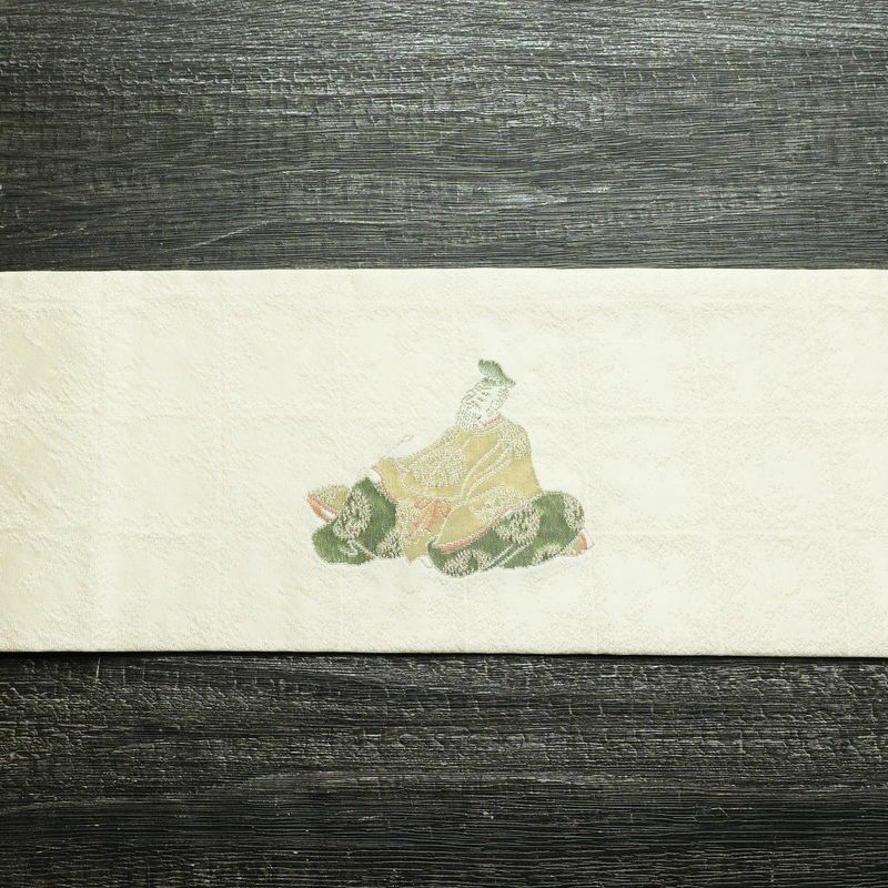 名古屋帯 太鼓柄 良品 落款入り 正絹 古典柄 名古屋仕立て なごや帯 リサイクル帯 帯 銀糸 扇面 白_画像13