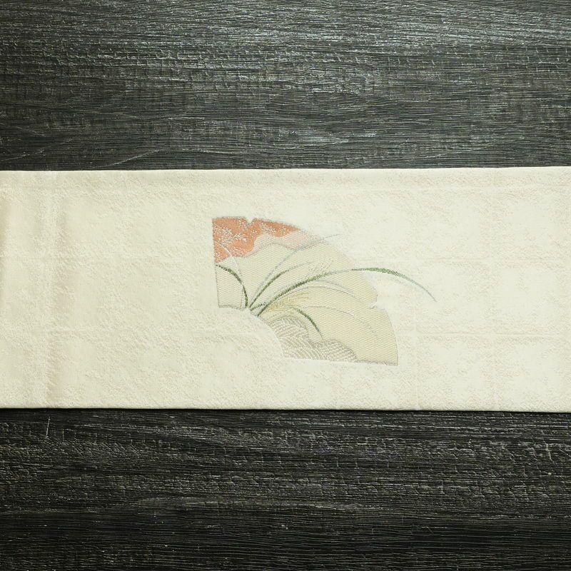 名古屋帯 太鼓柄 良品 落款入り 正絹 古典柄 名古屋仕立て なごや帯 リサイクル帯 帯 銀糸 扇面 白_画像15