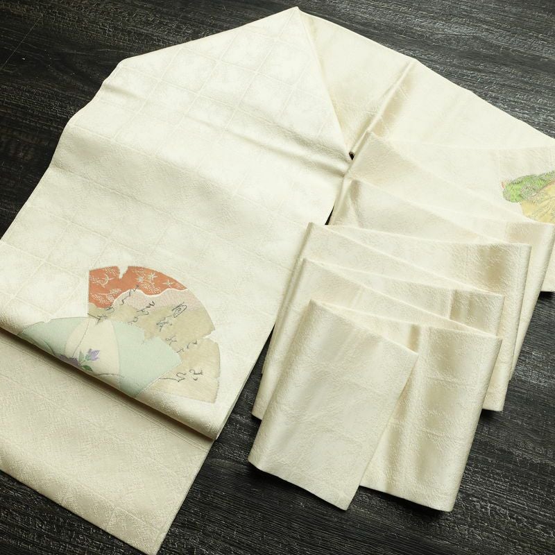 名古屋帯 太鼓柄 良品 落款入り 正絹 古典柄 名古屋仕立て なごや帯 リサイクル帯 帯 銀糸 扇面 白_画像17