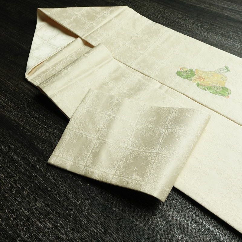 名古屋帯 太鼓柄 良品 落款入り 正絹 古典柄 名古屋仕立て なごや帯 リサイクル帯 帯 銀糸 扇面 白_画像21