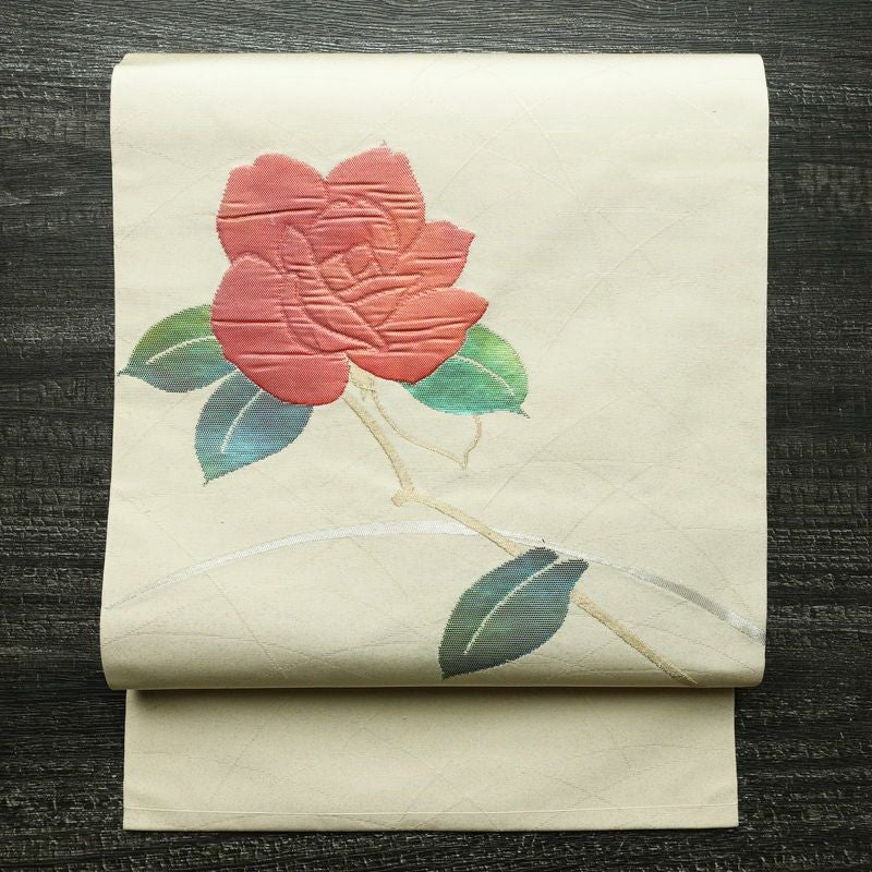 名古屋帯 太鼓柄 正絹 花柄 名古屋仕立て なごや帯 リサイクル帯 帯 金糸 銀糸 クリーム_画像1