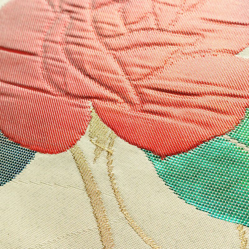 名古屋帯 太鼓柄 正絹 花柄 名古屋仕立て なごや帯 リサイクル帯 帯 金糸 銀糸 クリーム_画像3