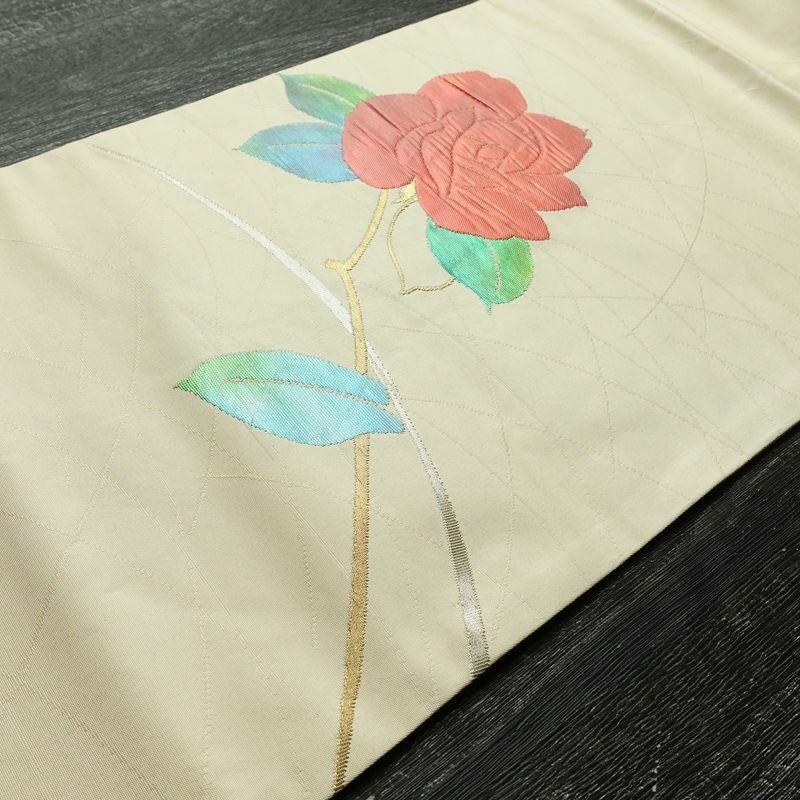 名古屋帯 太鼓柄 正絹 花柄 名古屋仕立て なごや帯 リサイクル帯 帯 金糸 銀糸 クリーム_画像11