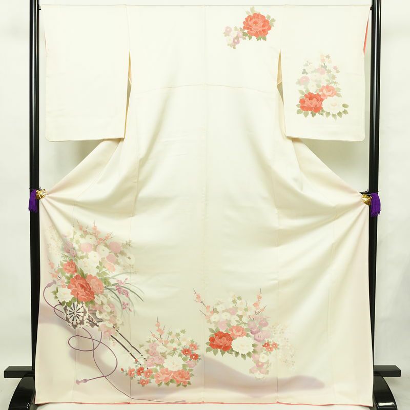 付け下げ トールサイズ 正絹 花柄 袷仕立て 身丈173cm 裄丈66.5cm リサイクル着物 着物 入学式 卒業式 七五三 お宮参り フォーマル 上品 菊 芍薬 クリーム_画像1