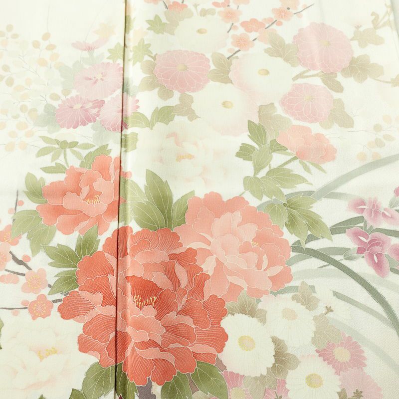 付け下げ トールサイズ 正絹 花柄 袷仕立て 身丈173cm 裄丈66.5cm リサイクル着物 着物 入学式 卒業式 七五三 お宮参り フォーマル 上品 菊 芍薬 クリーム_画像6