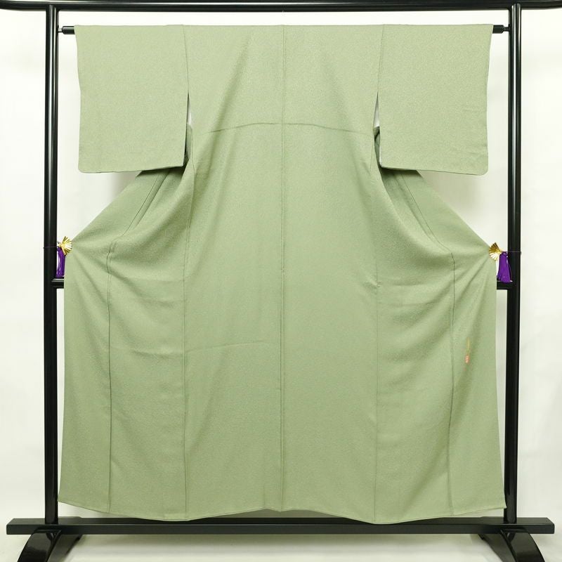 色無地 良品 落款入り 本草木染作家物 瑞寶 正絹 無地 袷仕立て 身丈154cm 裄丈63cm リサイクル着物 一部しつけ糸付き 着物 作家物 お茶会 緑・うぐいす色_画像1
