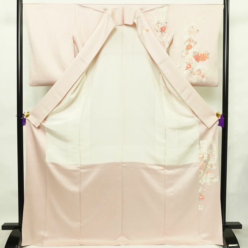 訪問着 良品 トールサイズ 正絹 花柄 袷仕立て 身丈170.5cm 裄丈67.5cm リサイクル着物 着物 刺繍 入学式 卒業式 七五三 お宮参り フォーマル 上品 ピンク_画像3