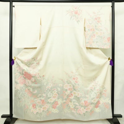 訪問着 正絹 花柄 袷仕立て 身丈162cm 裄丈66cm リサイクル着物 着物 金彩 入学式 卒業式 七五三 お宮参り フォーマル レトロ 白