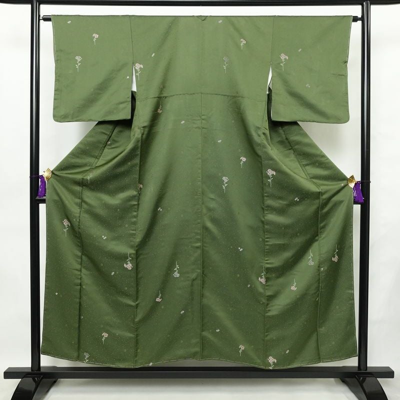 小紋 良品 しつけ糸付き 正絹 花柄 袷仕立て 身丈153cm 裄丈64cm リサイクル着物 着物 緑・うぐいす色_画像1