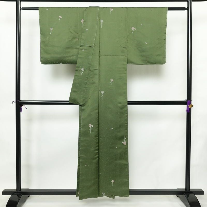 小紋 良品 しつけ糸付き 正絹 花柄 袷仕立て 身丈153cm 裄丈64cm リサイクル着物 着物 緑・うぐいす色_画像2