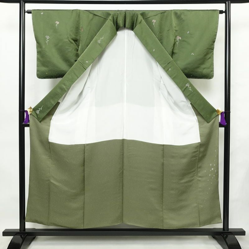 小紋 良品 しつけ糸付き 正絹 花柄 袷仕立て 身丈153cm 裄丈64cm リサイクル着物 着物 緑・うぐいす色_画像3