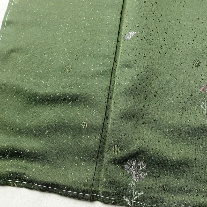 小紋 良品 しつけ糸付き 正絹 花柄 袷仕立て 身丈153cm 裄丈64cm リサイクル着物 着物 緑・うぐいす色_画像13