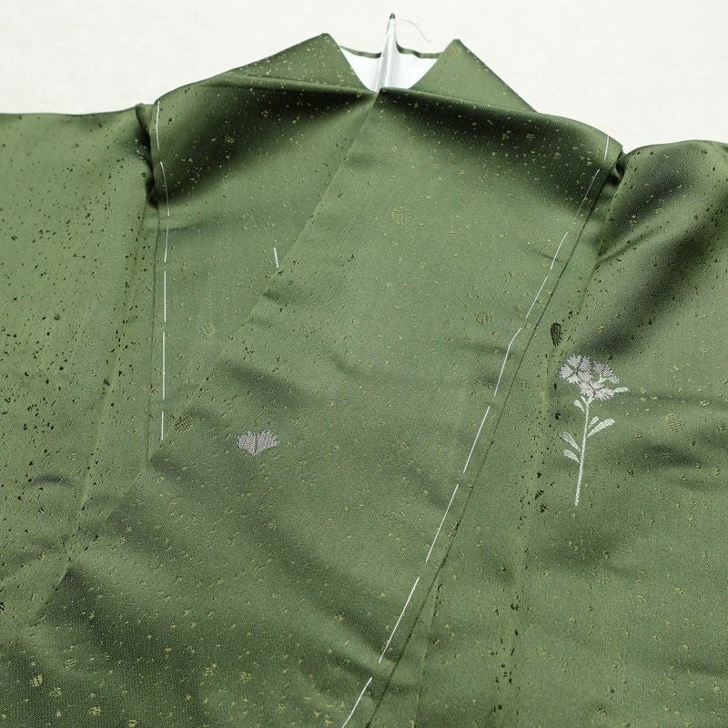小紋 良品 しつけ糸付き 正絹 花柄 袷仕立て 身丈153cm 裄丈64cm リサイクル着物 着物 緑・うぐいす色_画像17