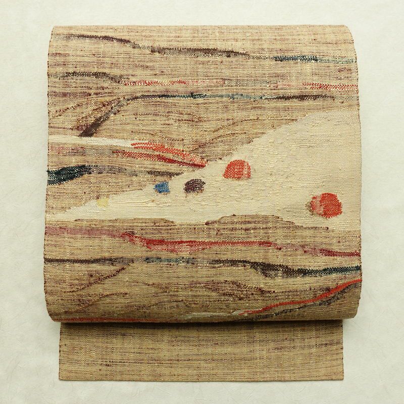 名古屋帯 太鼓柄 良品 正絹 幾何学柄・抽象柄 松葉仕立て なごや帯 リサイクル帯 帯 紬地 ベージュ_画像1